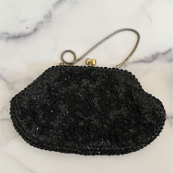 1950 Black Beaded & Sequined Convertible Clutch Evening Bag Rhinestone Kiss Lock - Picture 5 of 7